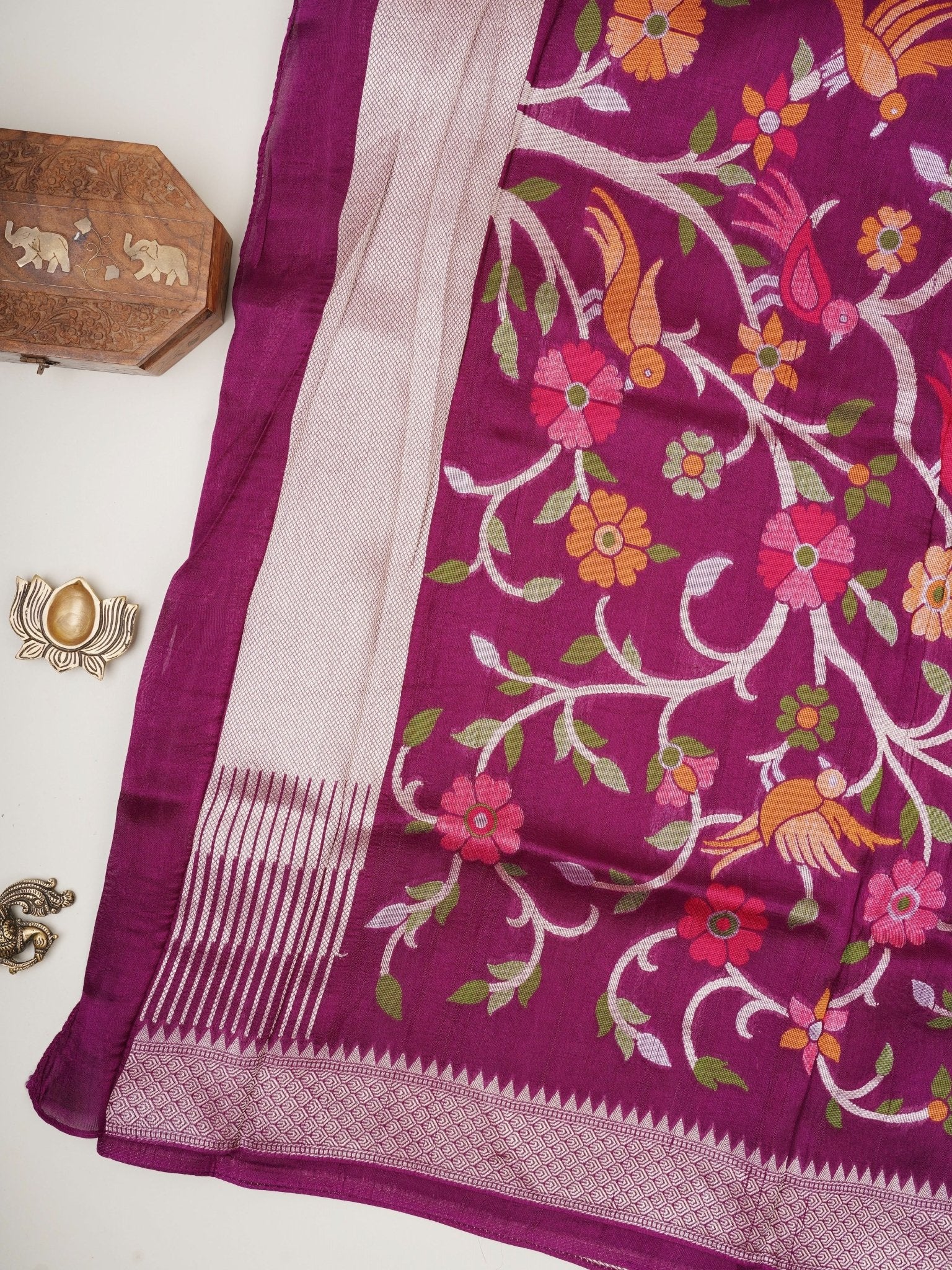 Georgette Violet Tussar Georgette - Manoranjitham Weaves - Handloom Store