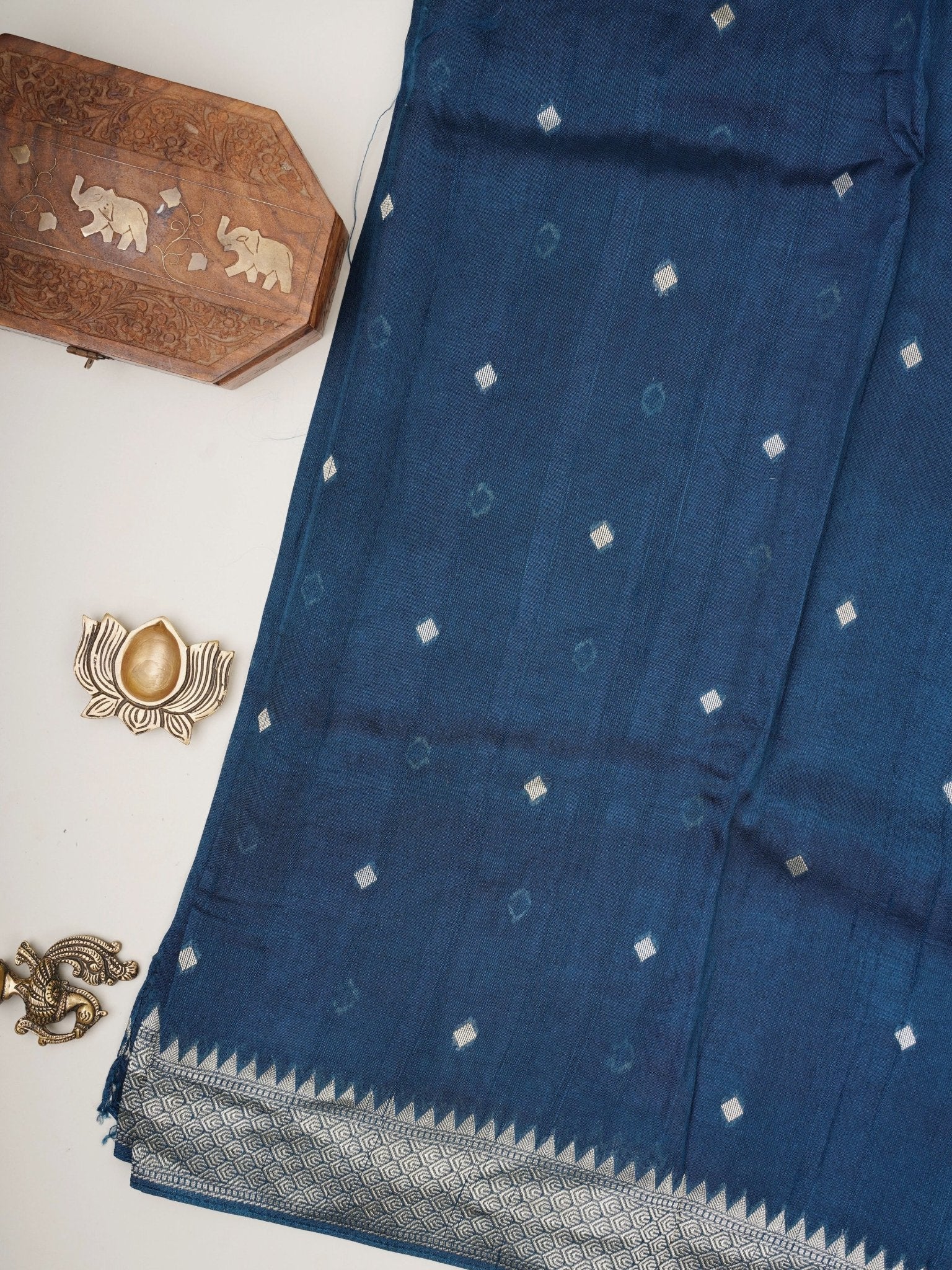 Georgette Peacock Blue Tussar Georgette - Manoranjitham Weaves - Handloom Store