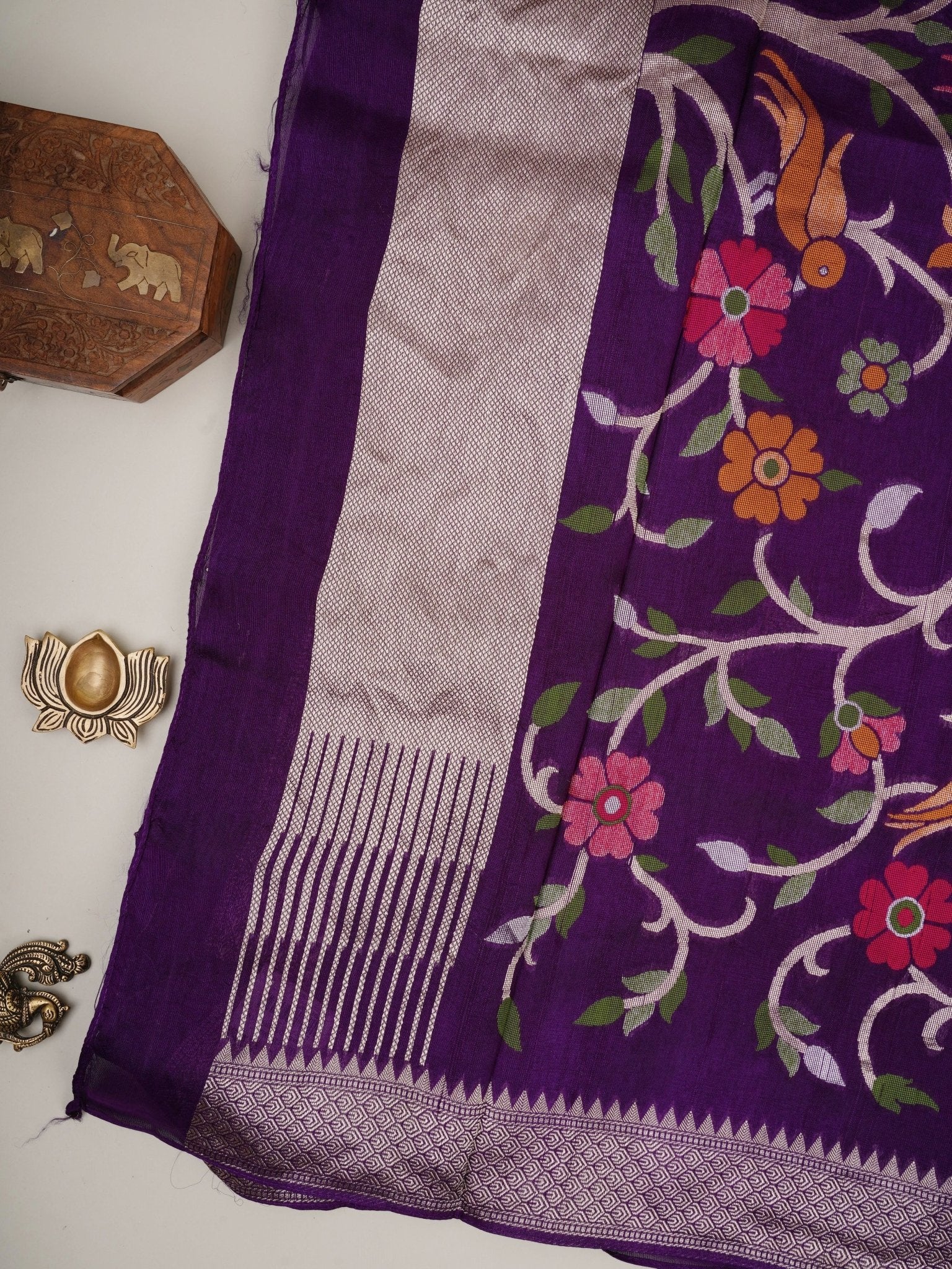 Georgette Violet Tussar Georgette - Manoranjitham Weaves - Handloom Store