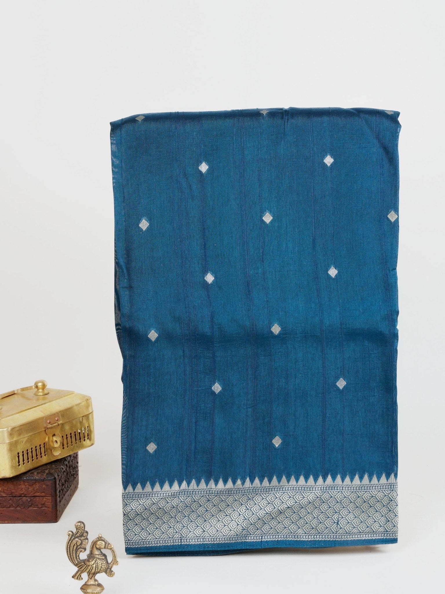 Georgette Peacock Blue Tussar Georgette - Manoranjitham Weaves - Handloom Store