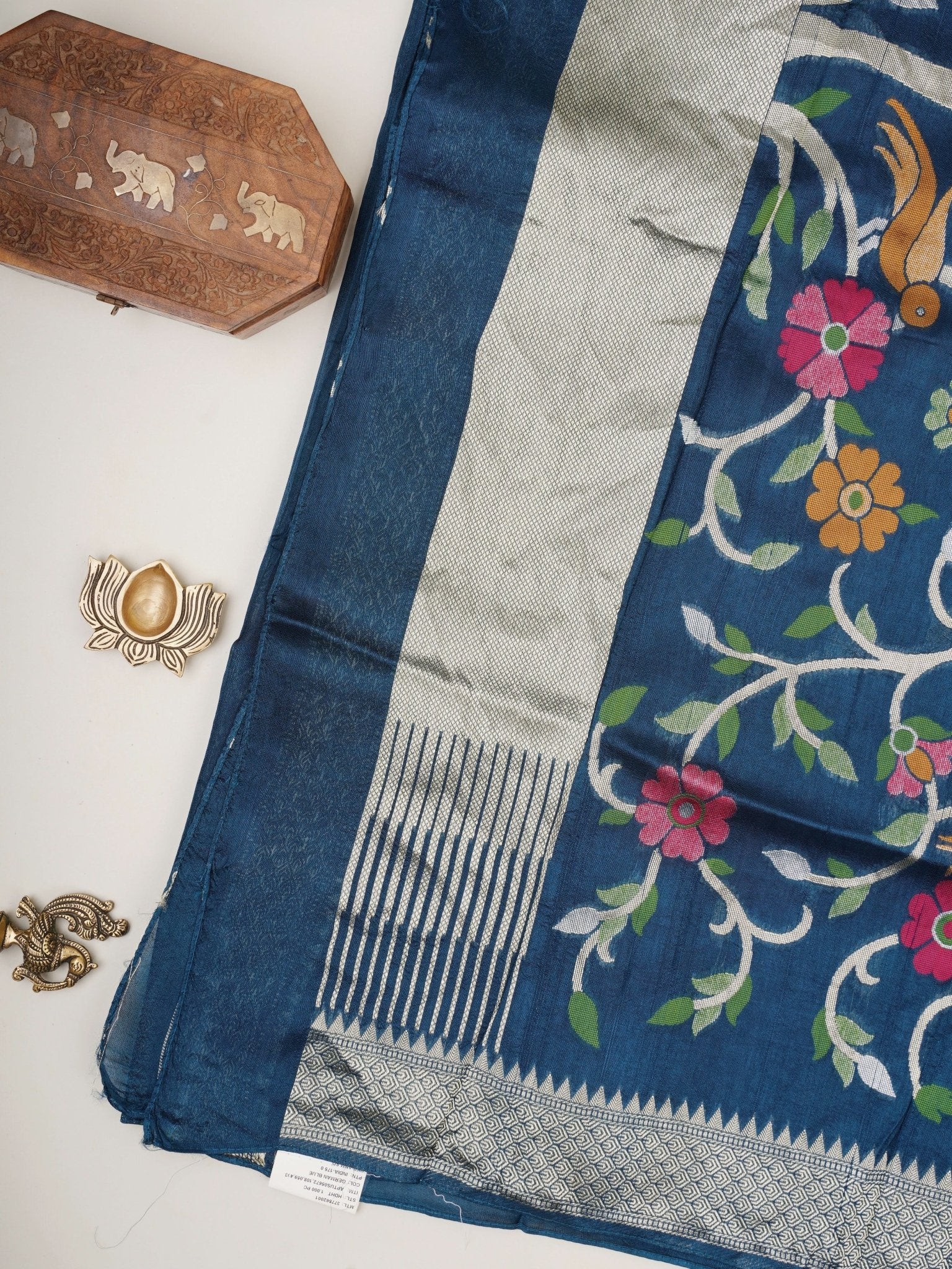 Georgette Peacock Blue Tussar Georgette - Manoranjitham Weaves - Handloom Store