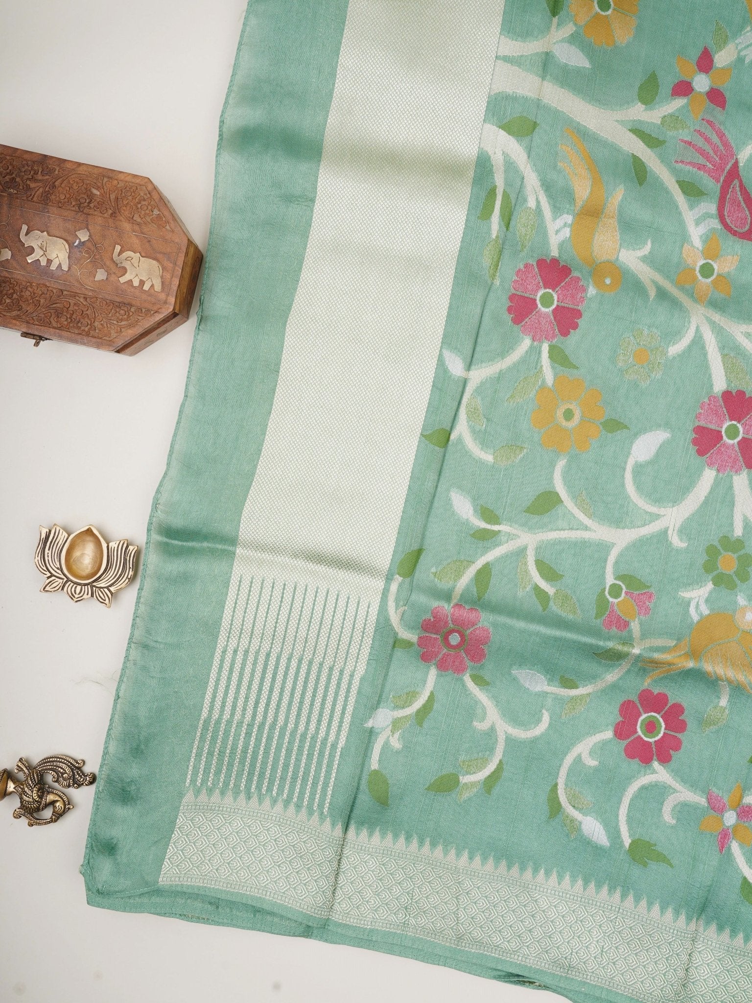 Georgette Sea Green Tussar Georgette - Manoranjitham Weaves - Handloom Store