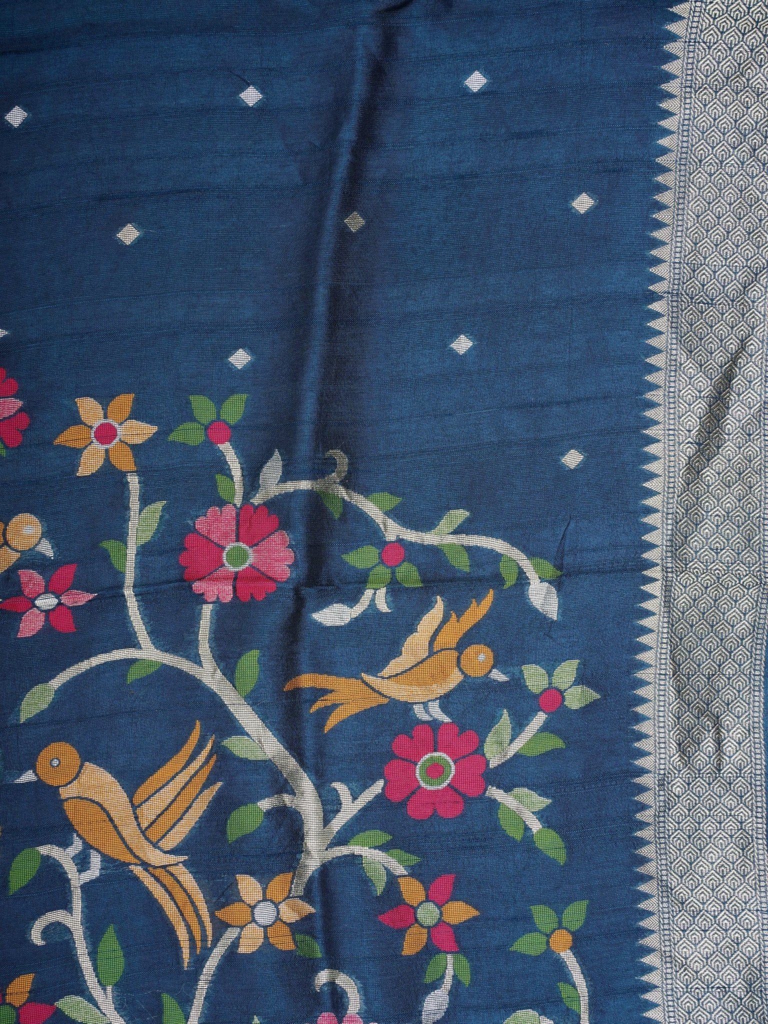 Georgette Peacock Blue Tussar Georgette - Manoranjitham Weaves - Handloom Store