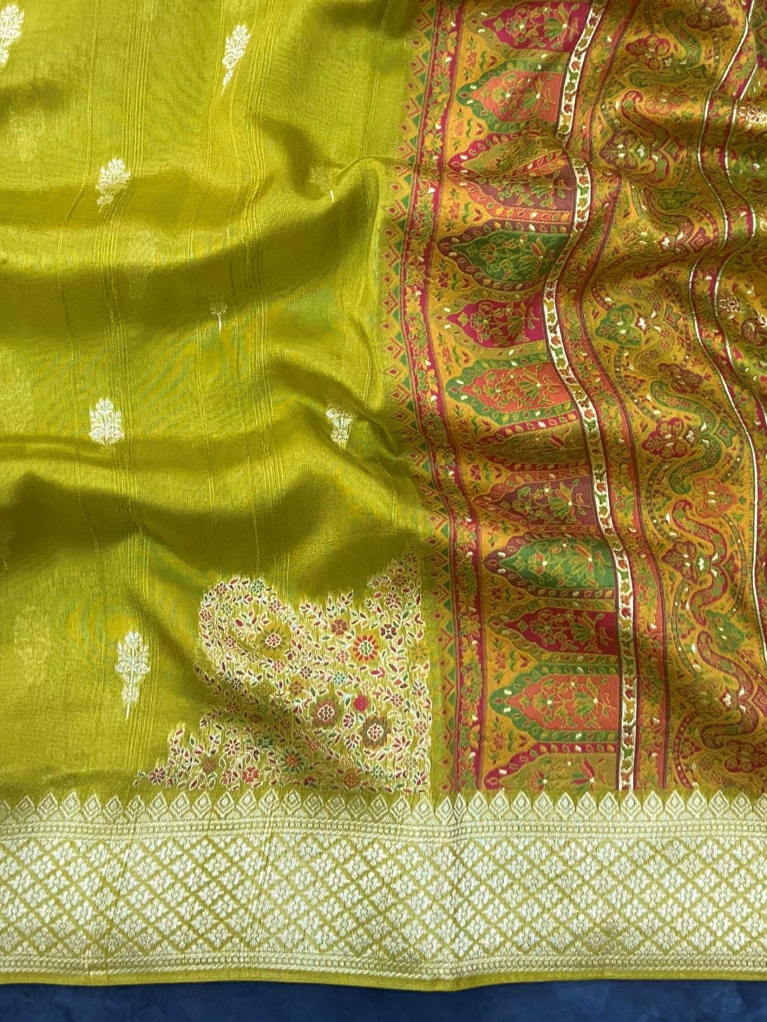 Georgette Lemon Yellow Tussar Georgette - Manoranjitham Weaves - Handloom Store