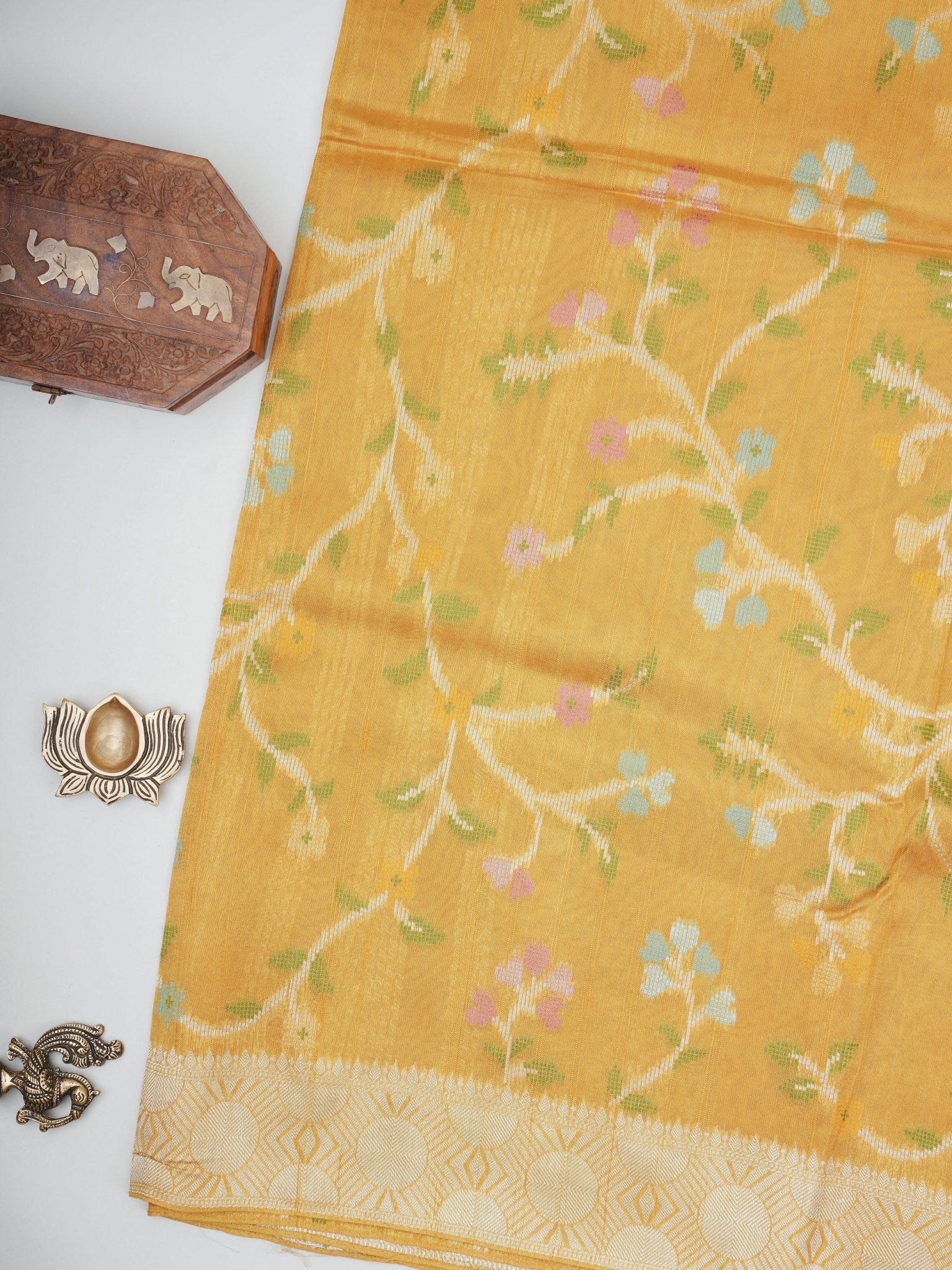 Georgette Yellow  Tussar Georgette - Manoranjitham Weaves - Handloom Store
